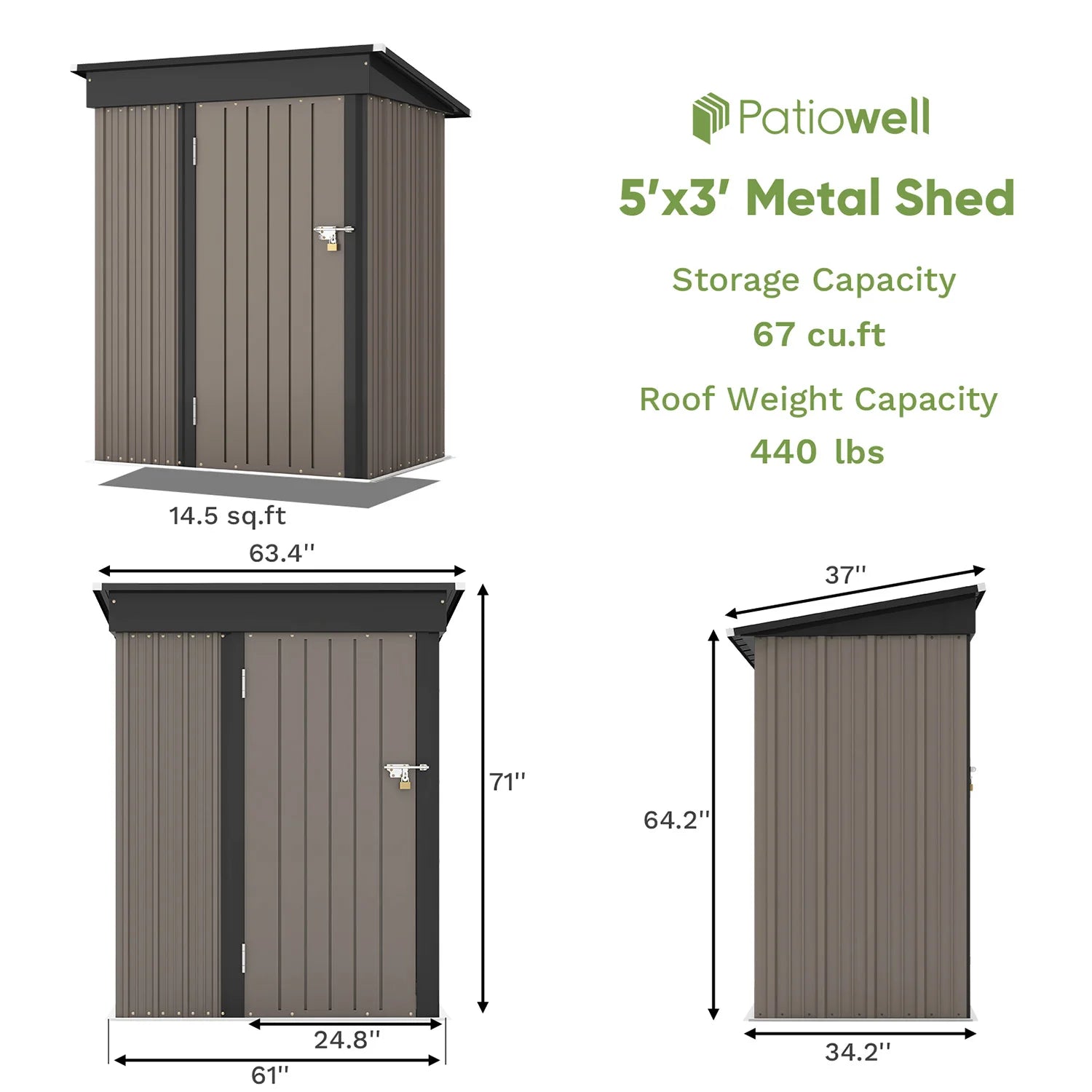 5x3 FT Outdoor Storage Shed, Sloping Roof and Lockable Door