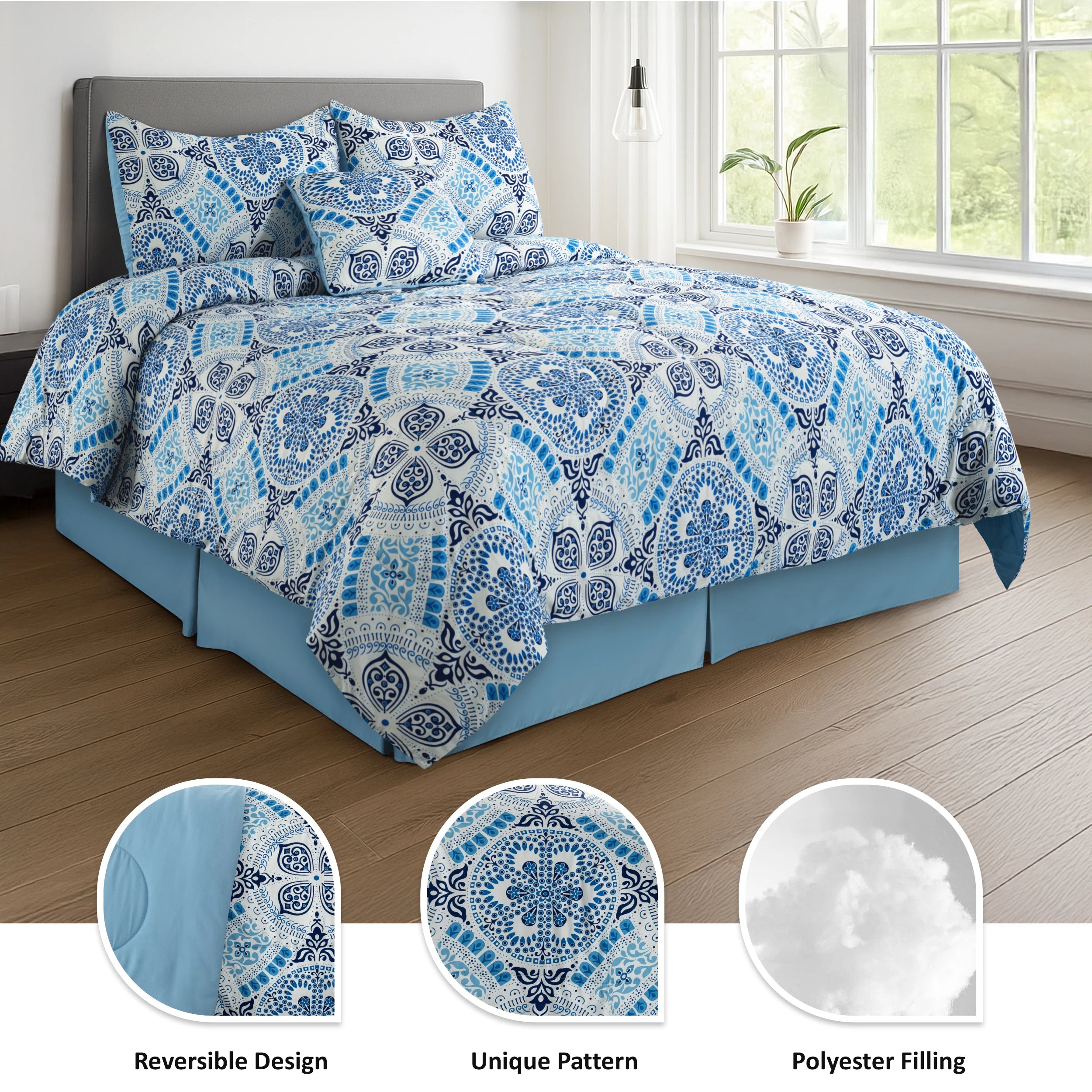 Reversible 5pc Comforter Set, Microfiber Bed in a Bag