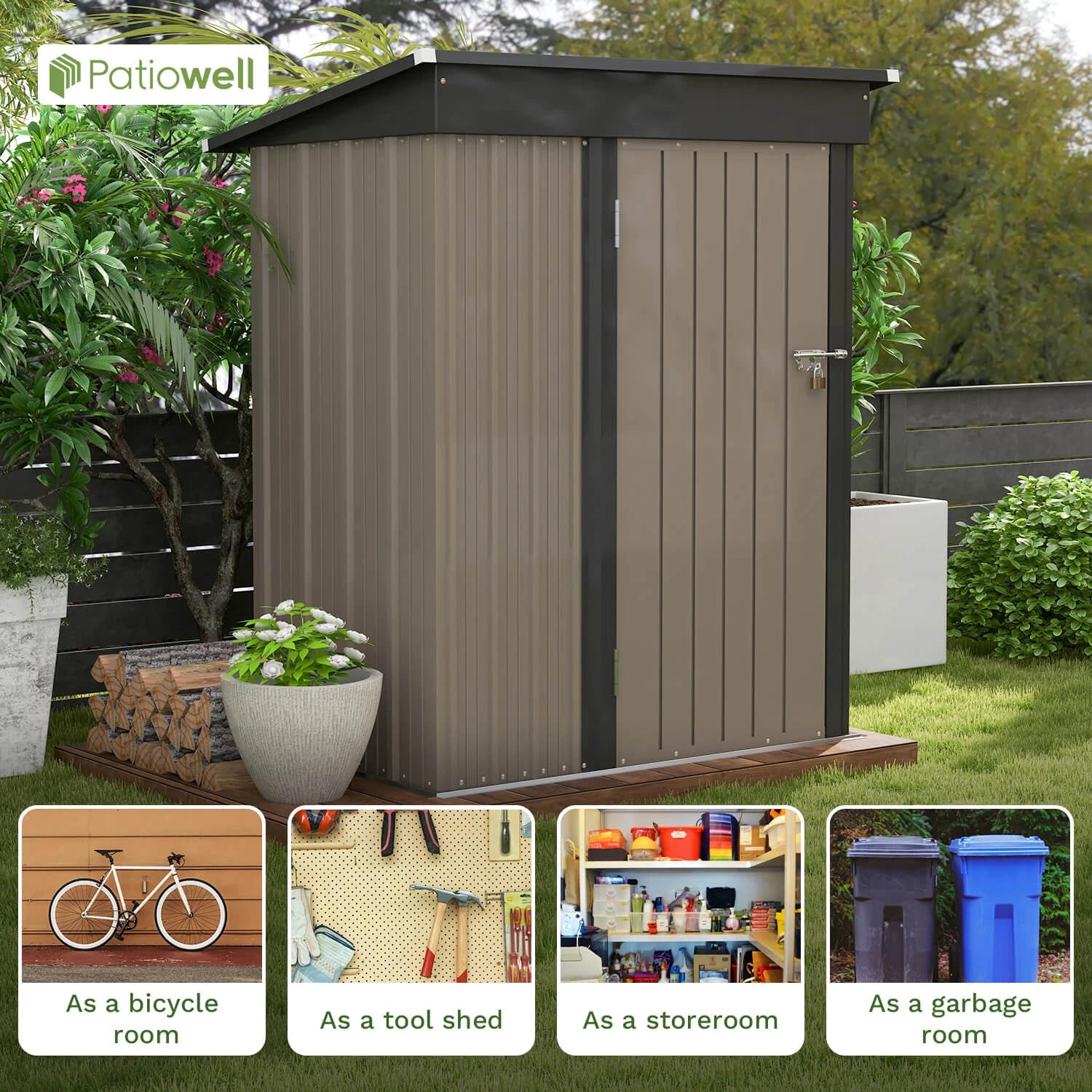 5x3 FT Outdoor Storage Shed, Sloping Roof and Lockable Door