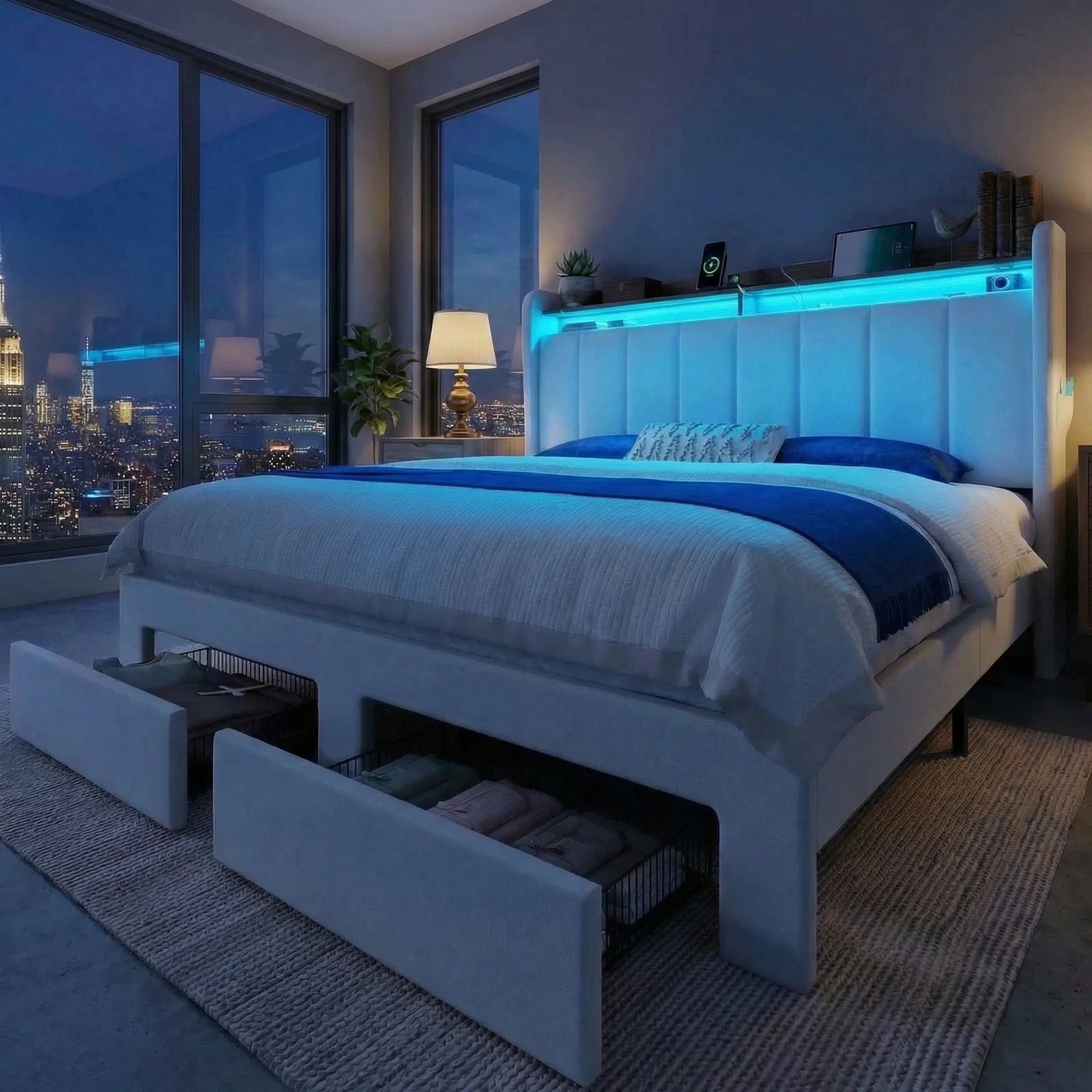 Bed Frame, 2 Drawers, 2 Shelves, LED Lights, Charging Station