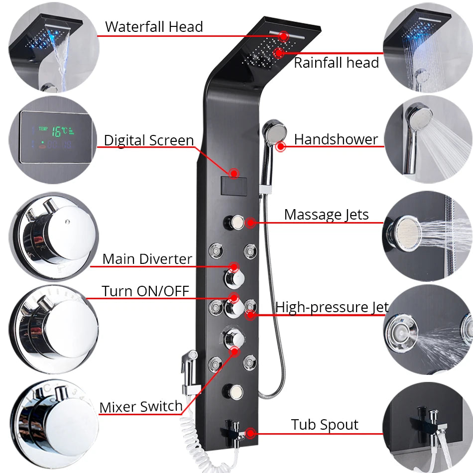 Black/Brushed Bathroom Shower Faucet LED
