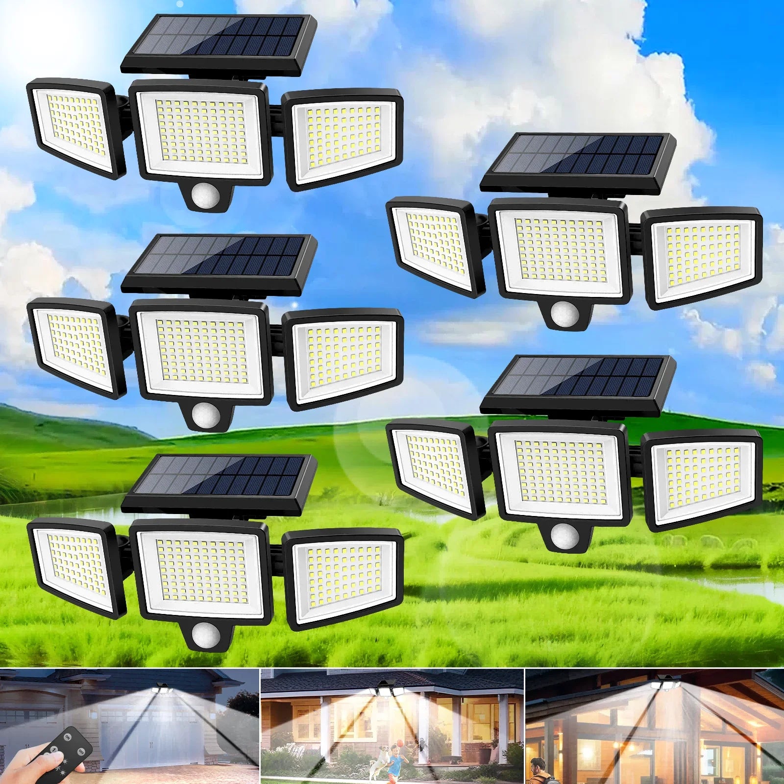 3-Head Solar Wireless Remote Outdoor Motion Light