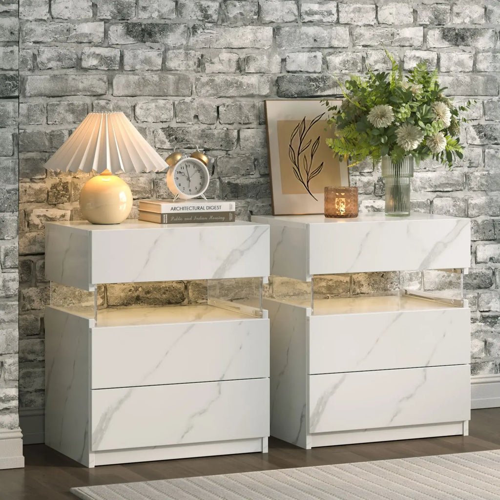Bedside 2-Table Set with LED Lighting and 3 drawers