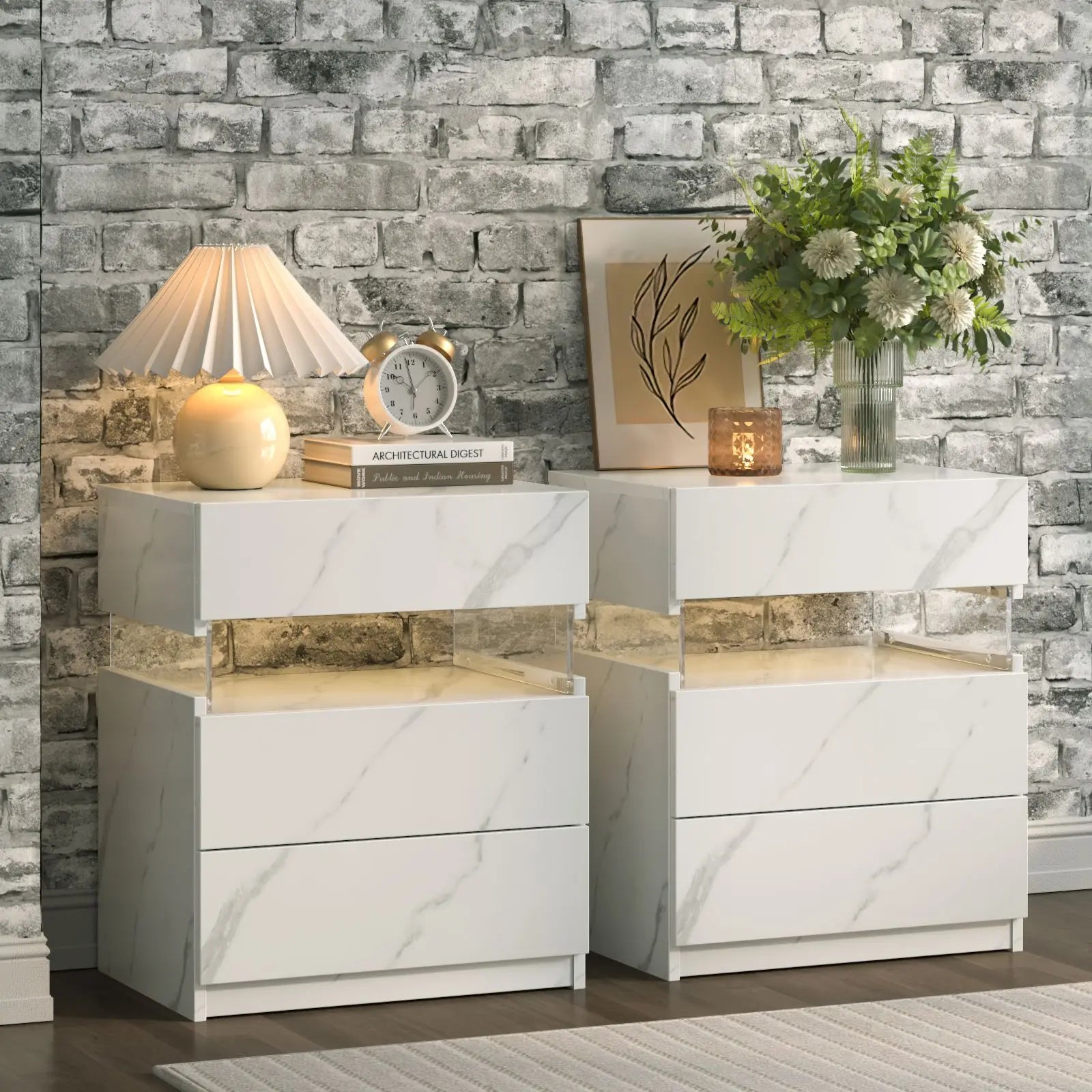 Bedside 2-Table Set with LED Lighting and 3 drawers