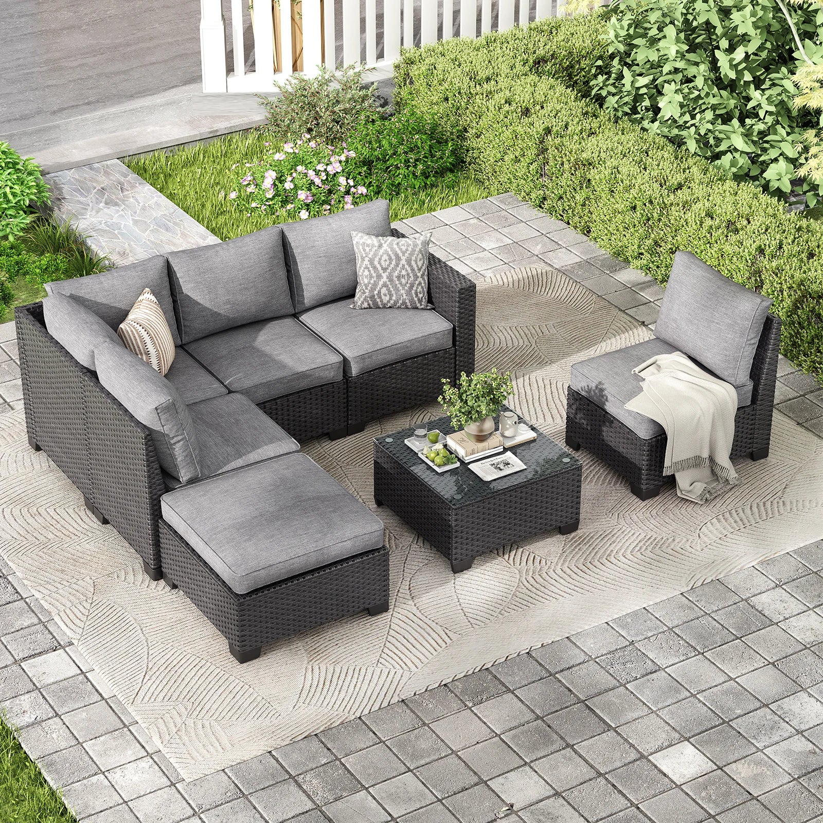7pc. Outdoor Furniture with Ottoman, Water/Oil/Stain-Resistant Fabric