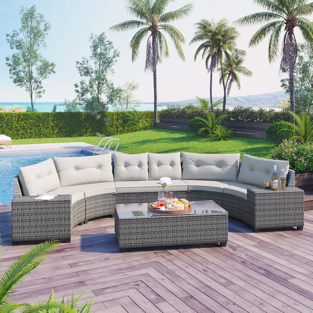 Wood Half-Moon Outdoor Sofa Set Coffee Table
