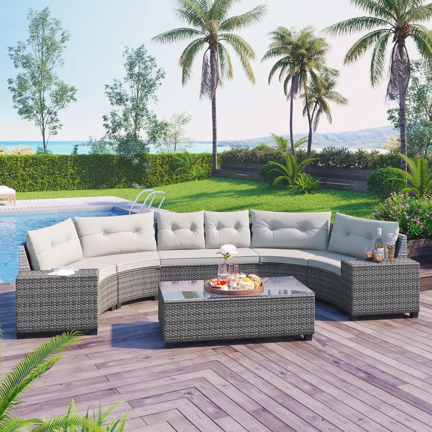 Wood Half-Moon Outdoor Sofa Set Coffee Table