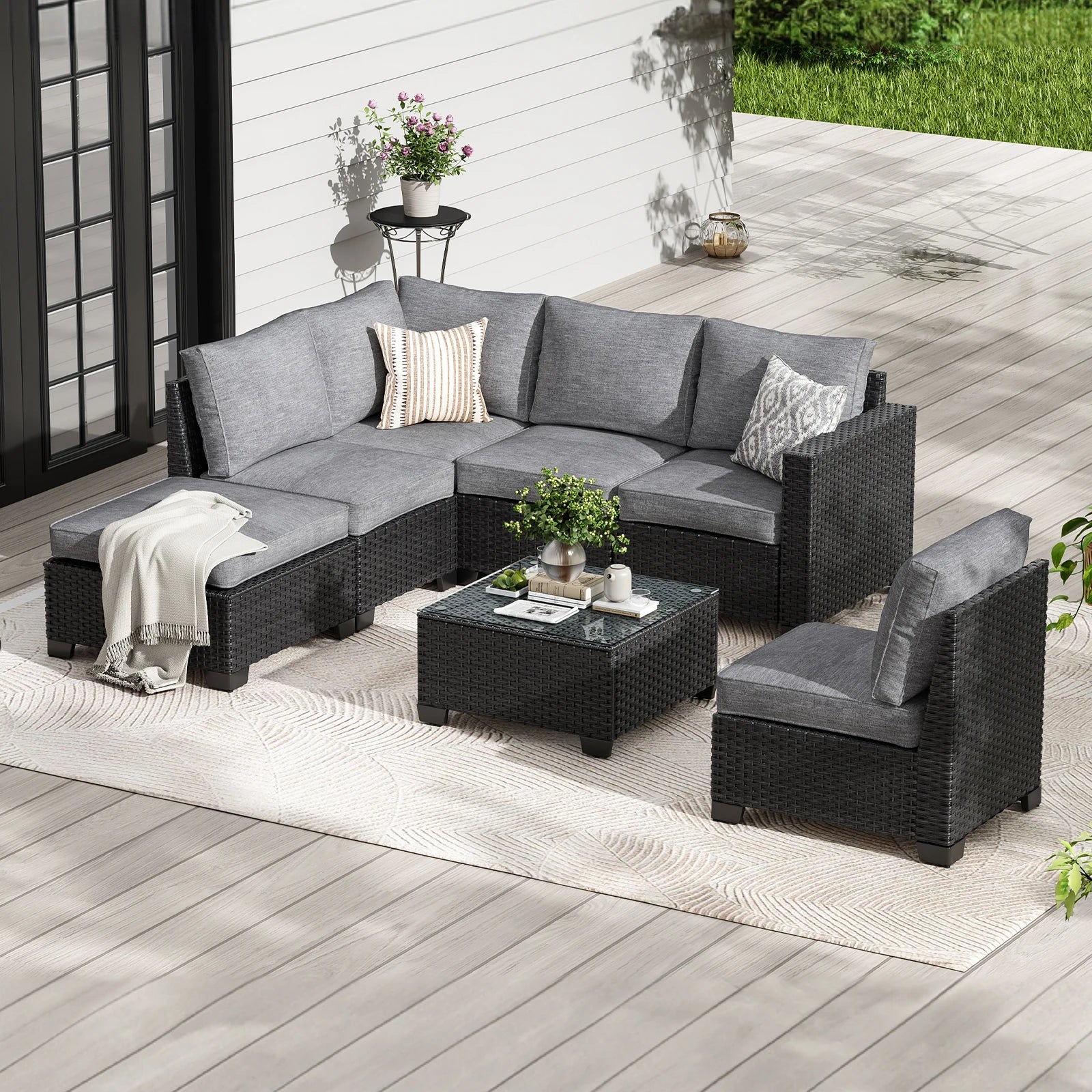 7pc. Outdoor Furniture with Ottoman, Water/Oil/Stain-Resistant Fabric