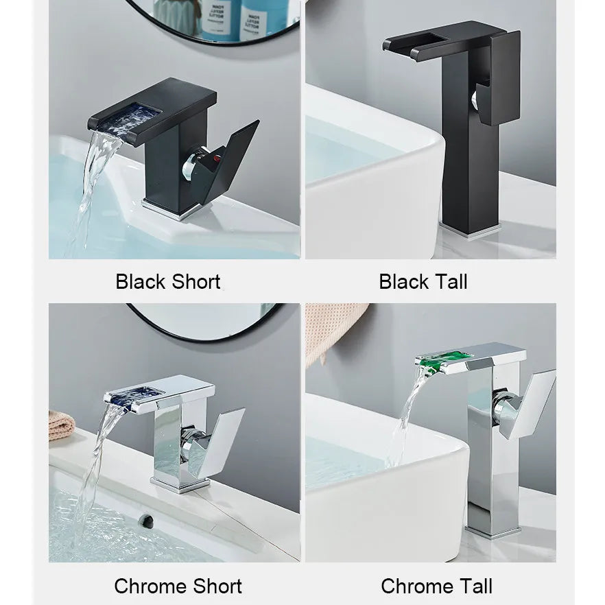 Rozin LED Bathroom Basin Faucet Black Waterfall Sink Faucets Hydroelectric LED Deck Mounted Crane Hot Cold Water Mixer Tap