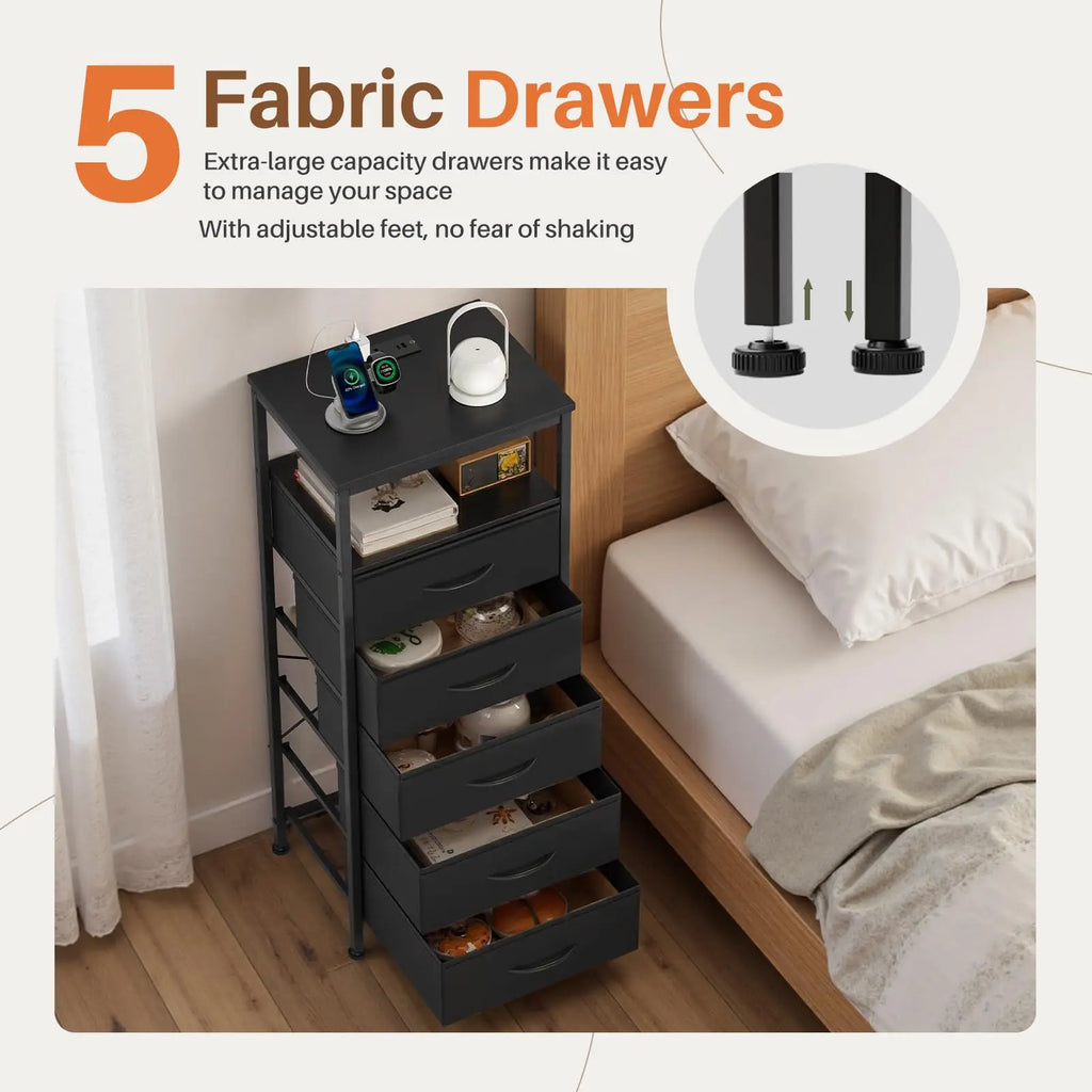 5 Fabric Drawer Nightstand with Charging/outlet