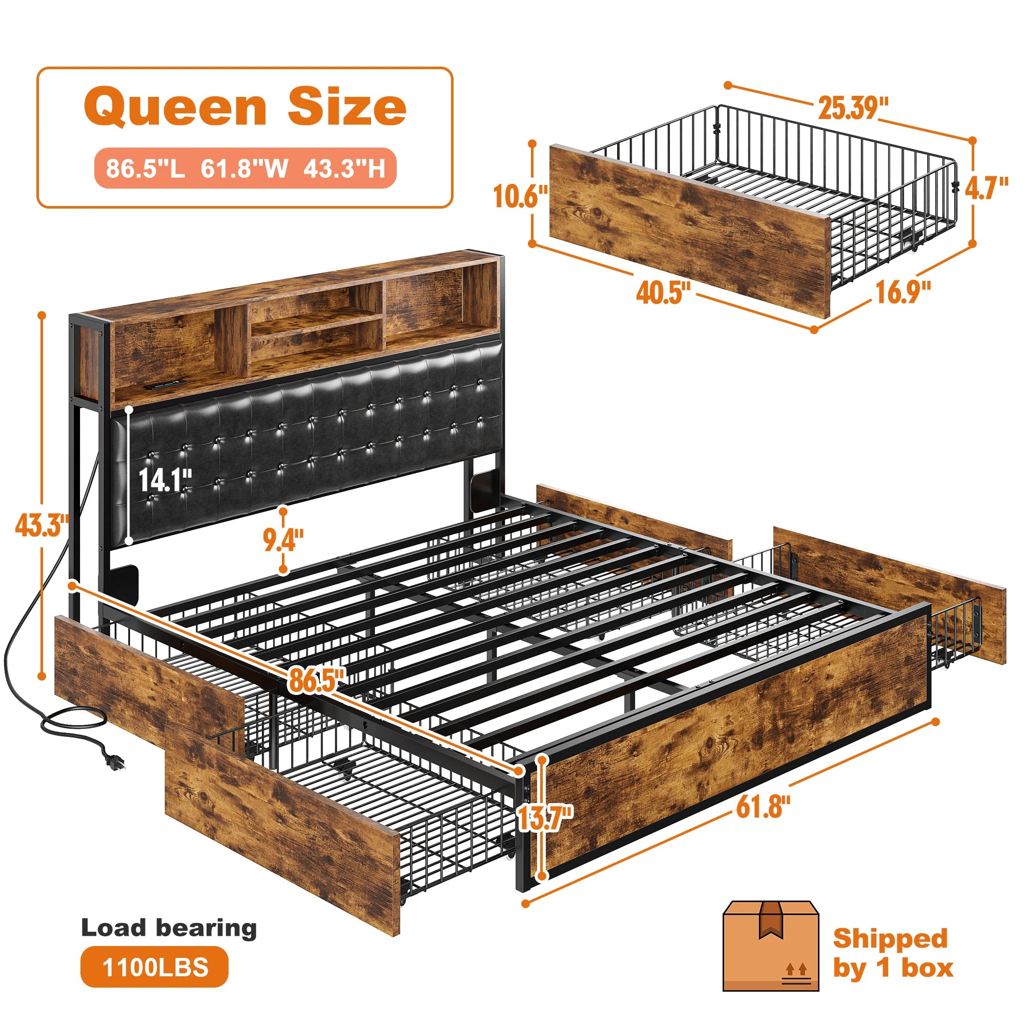 Full/Queen/King Bed Frame with Charging Station, 4 Storage Drawers