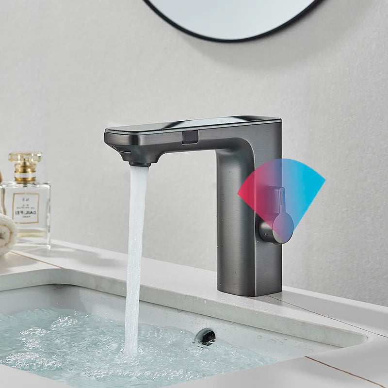 Luxury Silver Gray Smart LCD Bathroom Basin Faucet