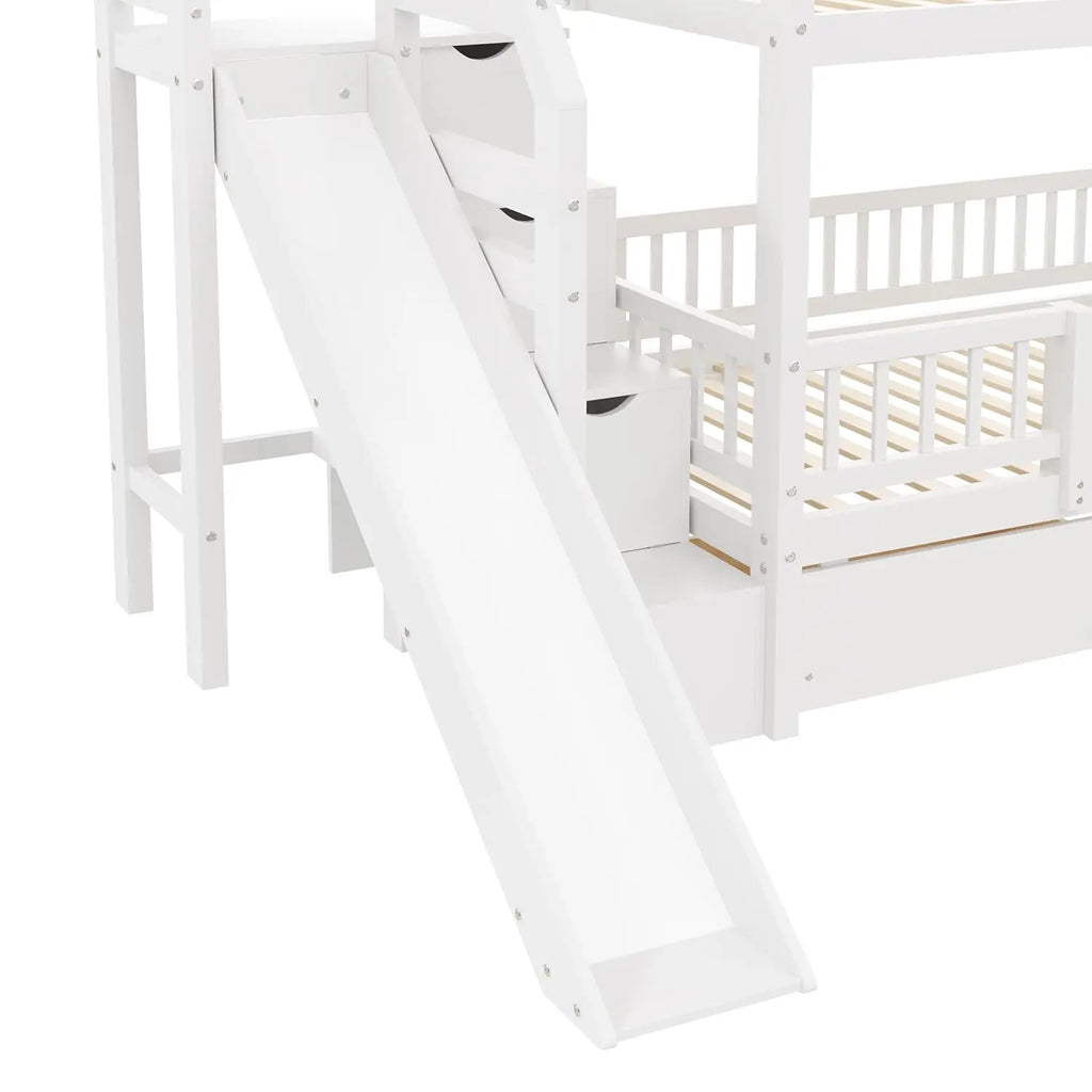 Twin Over Twin Bunk Bed with Slide, Storage Drawers & Staircase
