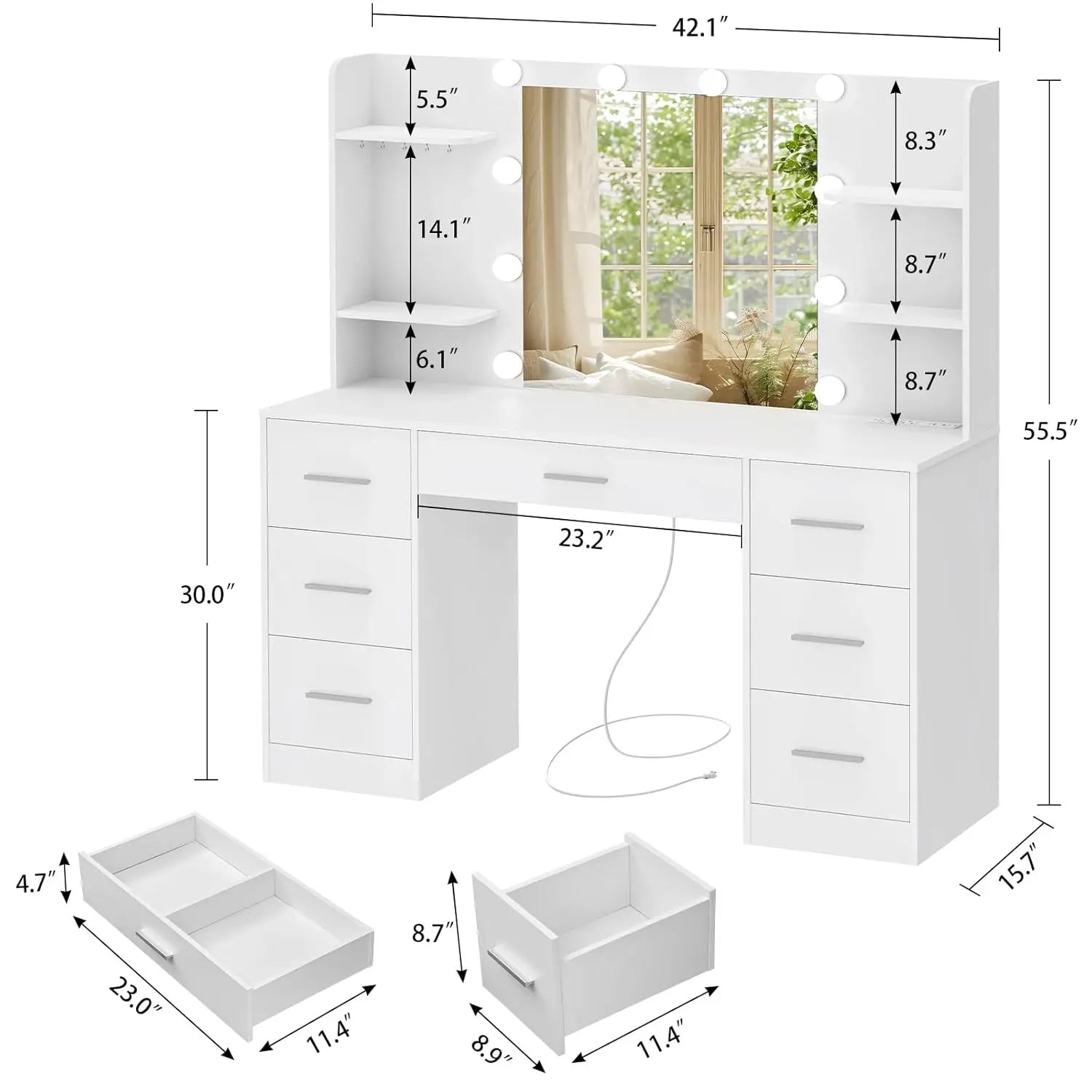 Large Vanity Desk with LED Mirror & Power Outlet
