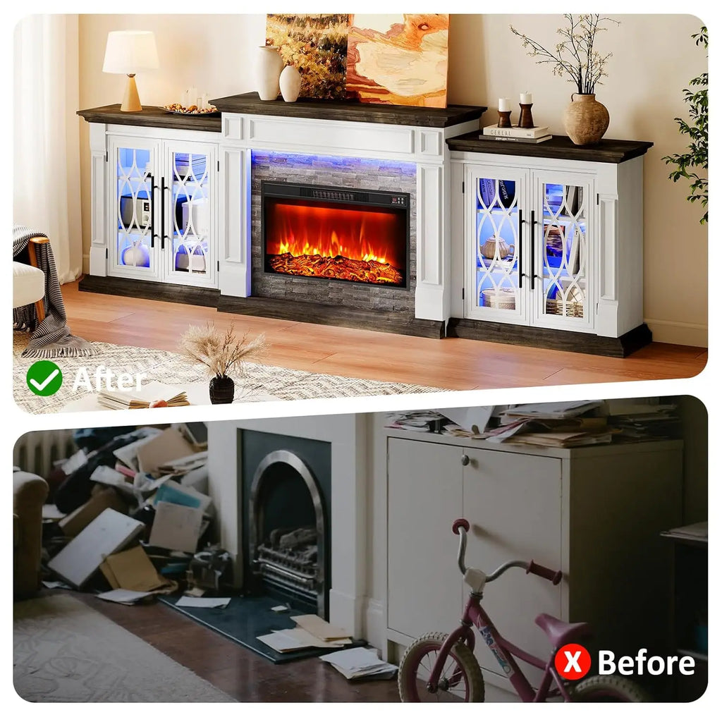 TV Stand, Electric Fireplace Mantel with Cabinets, Glass Doors