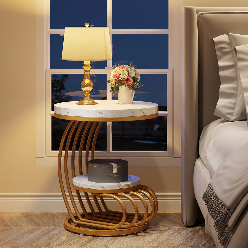 2 Tiers Faux Marble Side Table with Storage Shelf