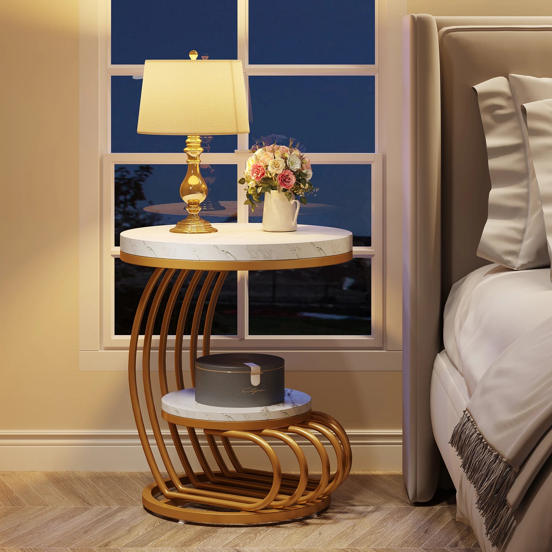 2 Tiers Faux Marble Side Table with Storage Shelf