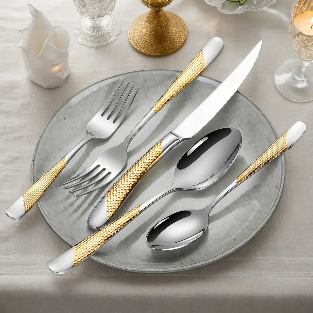 Hammered Modern Golden/Silvery Silverware Set, 40pcs