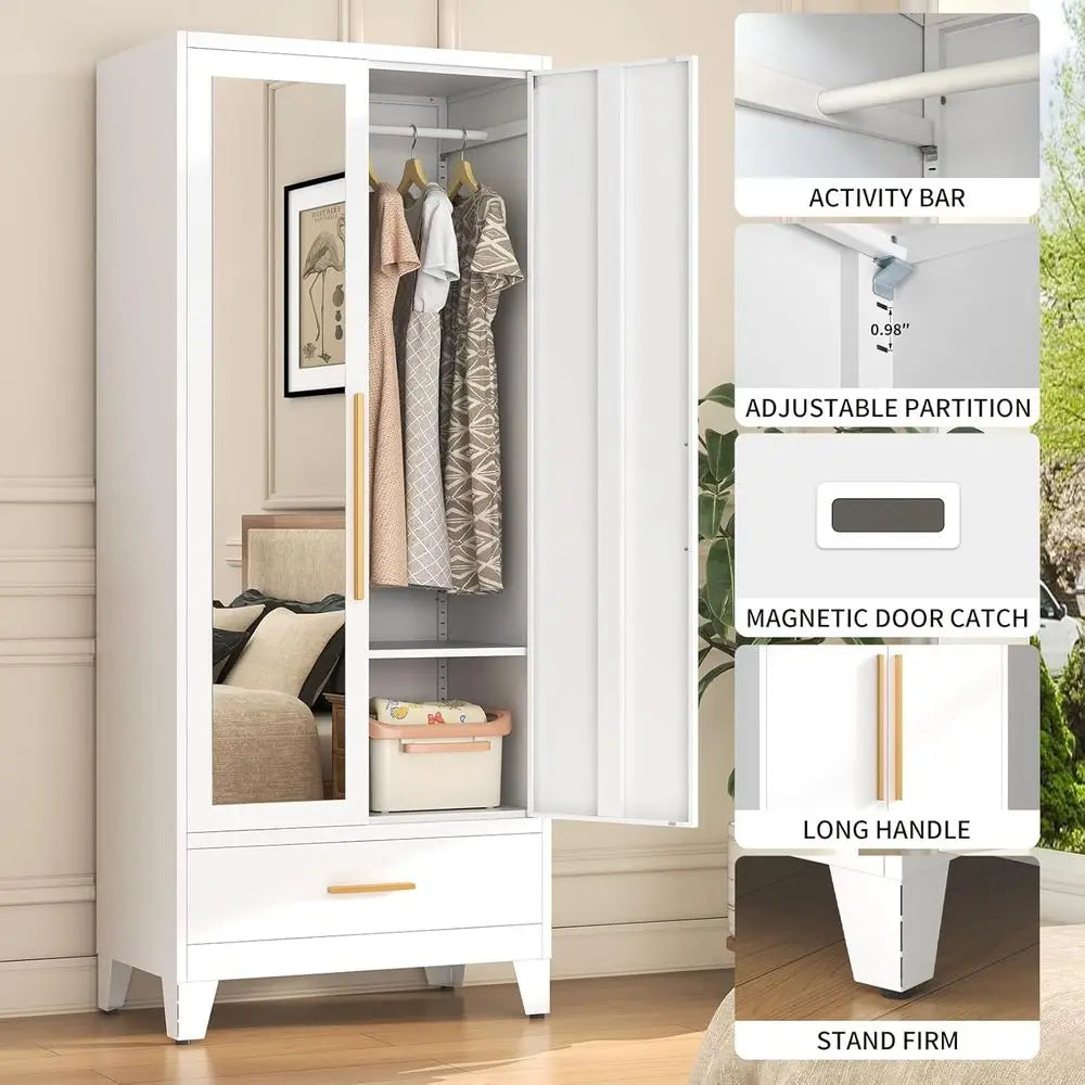 72 Inch Tall Metal Wardrobe with Hanging Rod, Adjustable Shelf, Drawer, and Mirror - Large Storage Cabinet for Bedroom, Office,