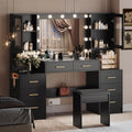 Black Vanity Desk with Mirror, Lights, Charging Station, 8 Drawers, 2 Cabinets