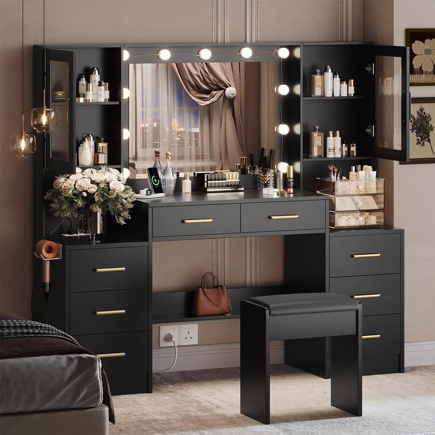 Black Vanity Desk with Mirror, Lights, Charging Station, 8 Drawers, 2 Cabinets