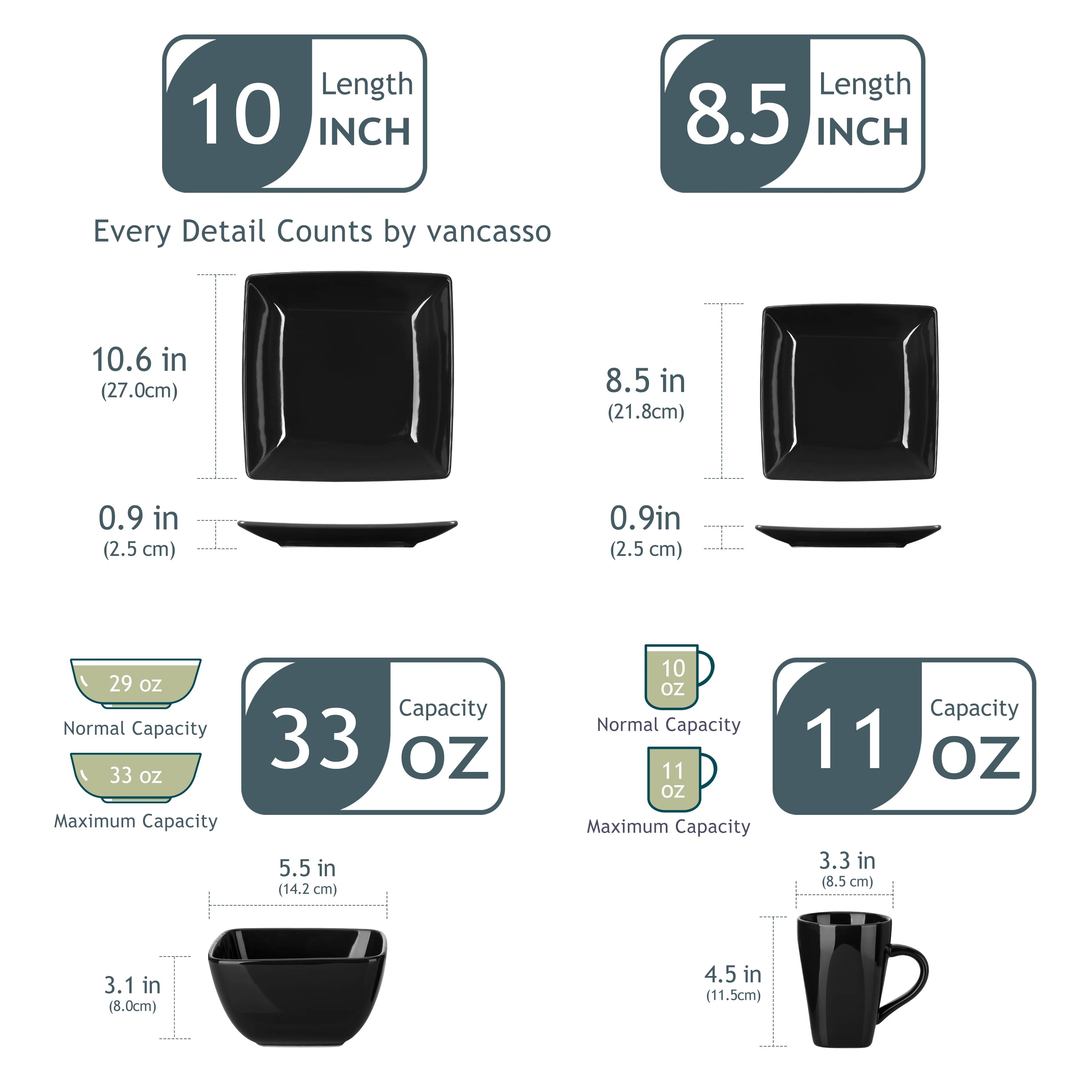 16/32/48-Pc. Black Porcelain Square Dinnerware Set