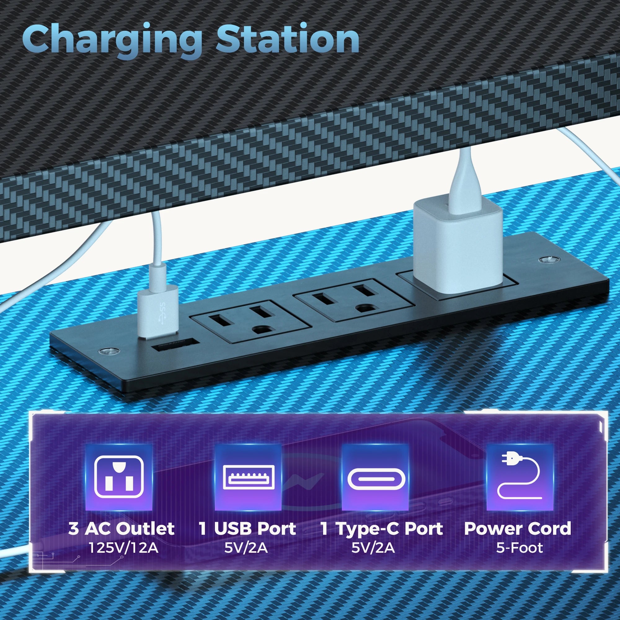 3-Drawer Gaming, Computer Desk LED Lights, Power Outlets