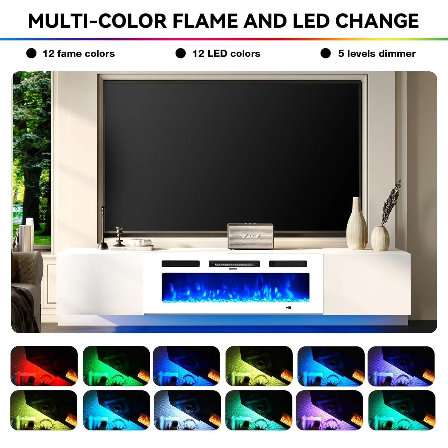 Floating TV Stand, Electric Fireplace, 12-Color LED