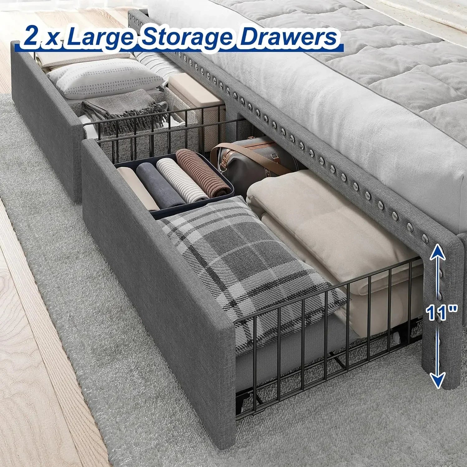 Upholstered King Bed Frame, 2 Storage Drawers and 2-Tier Headboard