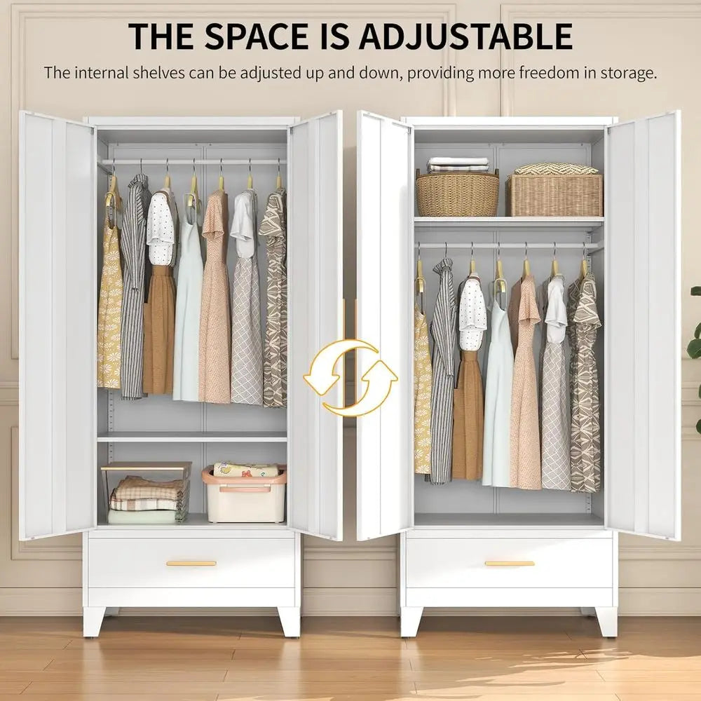 72 Inch Tall Metal Wardrobe with Hanging Rod, Adjustable Shelf, Drawer, and Mirror - Large Storage Cabinet for Bedroom, Office,