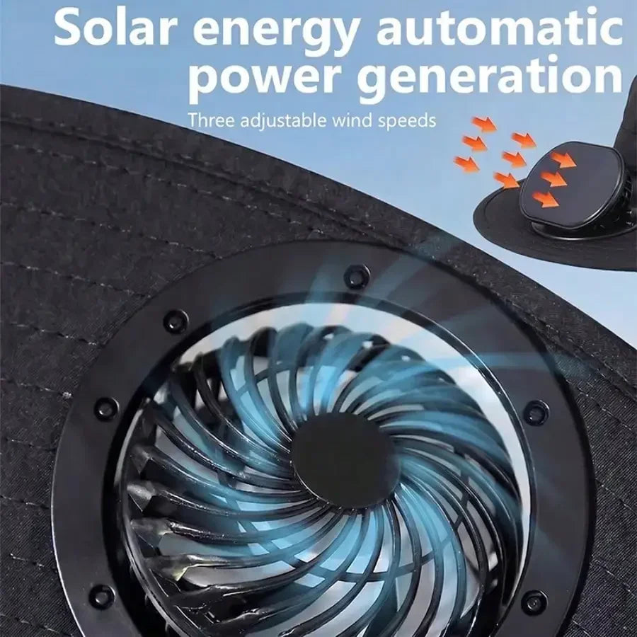 Solar Fan Cap, 180 ° Adjustable Fan, UPF50, USB, Solar Powered