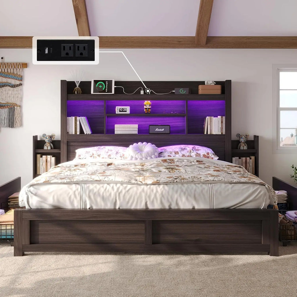 King Bed Frame, Bookcase, Headboard, 2 Bedside Storage Racks, Drawers