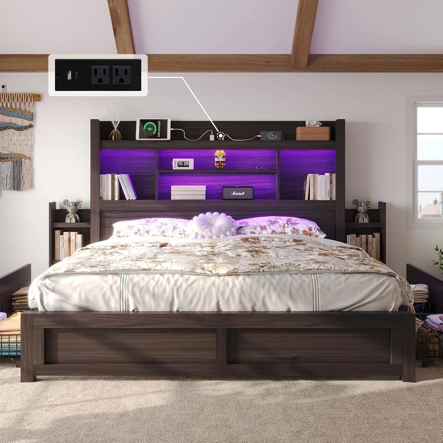 King Bed Frame, Bookcase, Headboard, 2 Bedside Storage Racks, Drawers