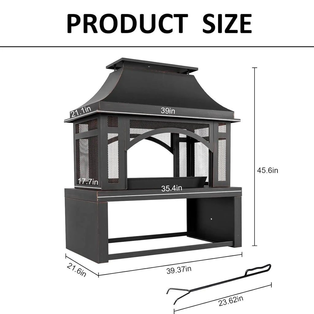 39" Wood Storage Fireplace, Chimney, Mesh Spark Screen
