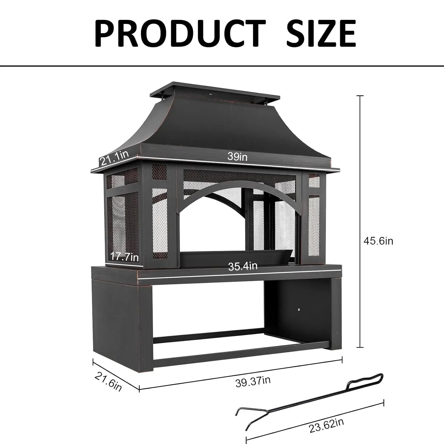 39" Wood Storage Fireplace, Chimney, Mesh Spark Screen