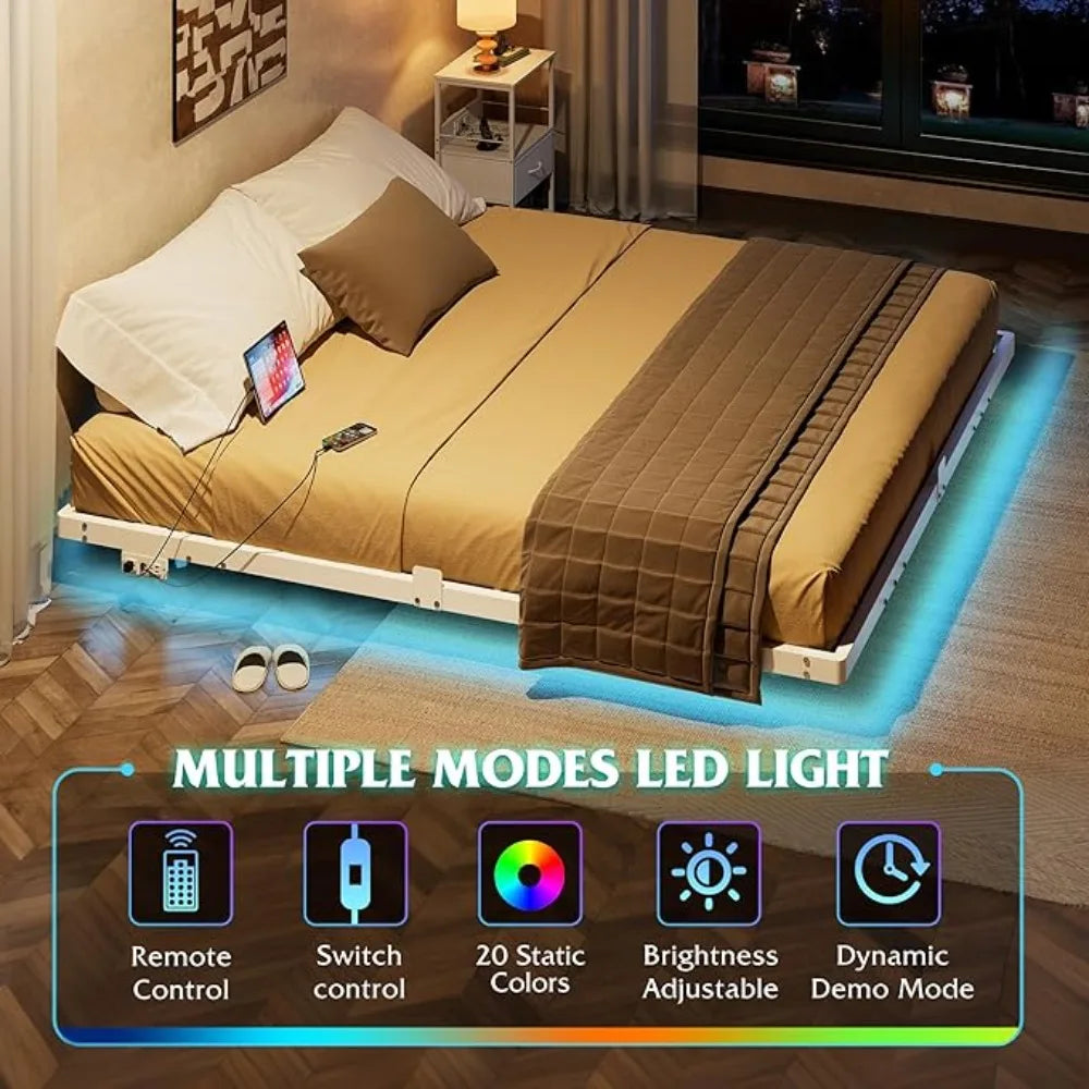 1500Lbs Heavy Duty Metal King Bed Frame with LED Light, Charging Station