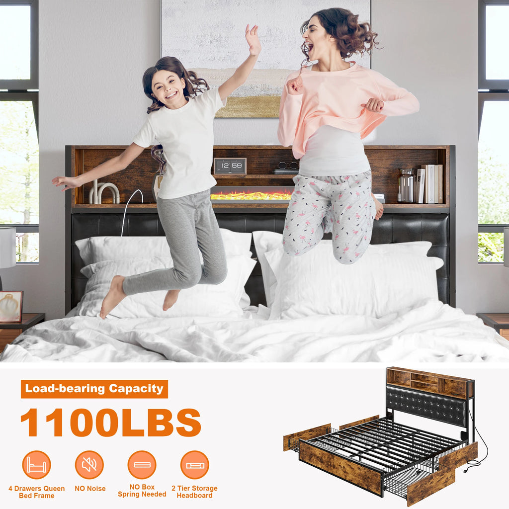 Full/Queen/King Bed Frame with Charging Station, 4 Storage Drawers