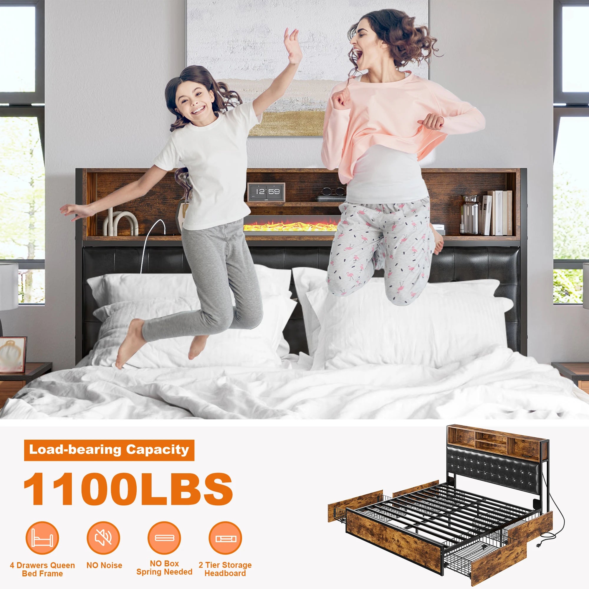 Full/Queen/King Bed Frame with Charging Station, 4 Storage Drawers