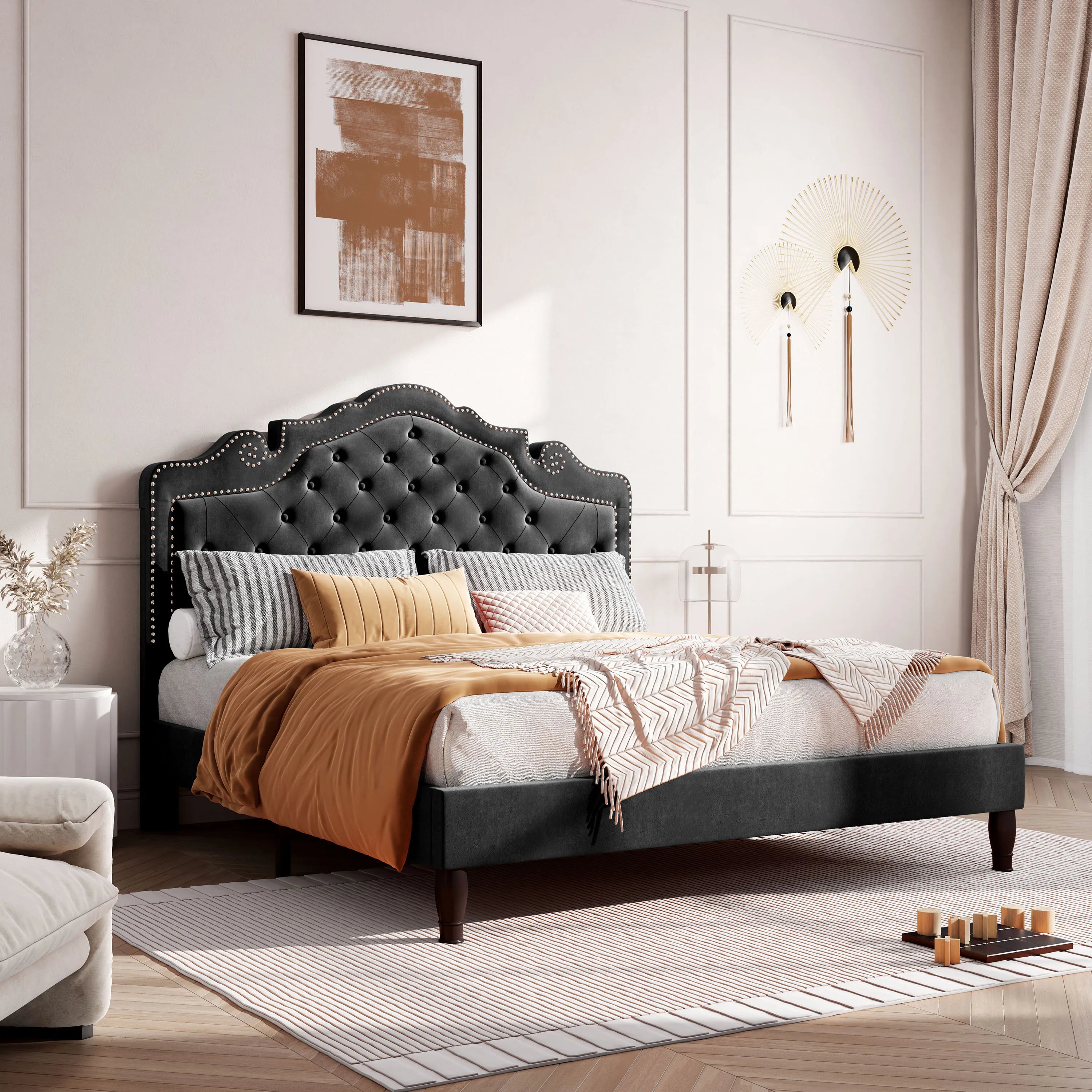 Bed Frame with Adjustable Velvet Tiara Headboard
