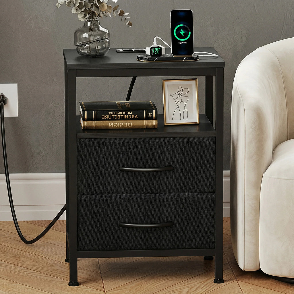 Fabric Drawer Night Stand with Open Shelf