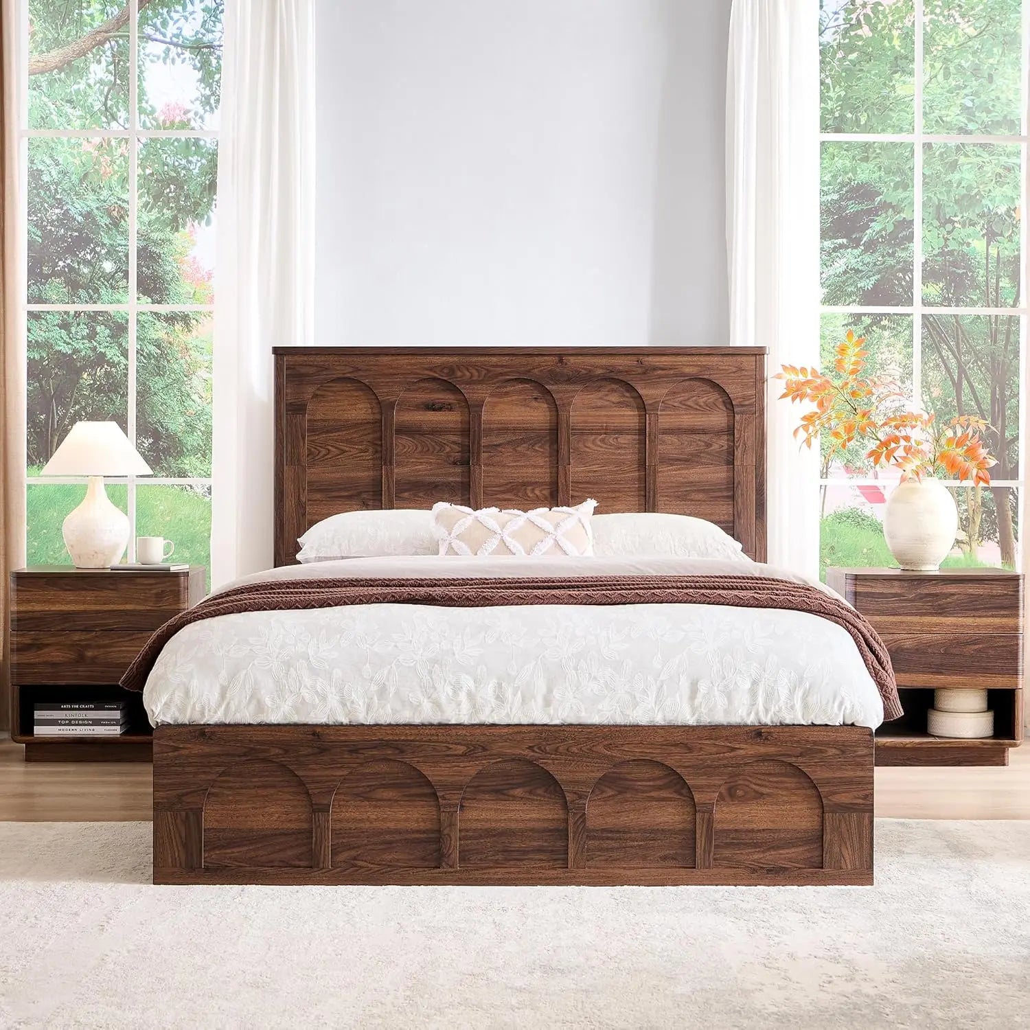 Queen Bed Frame with 4 Drawers Arched Headboard