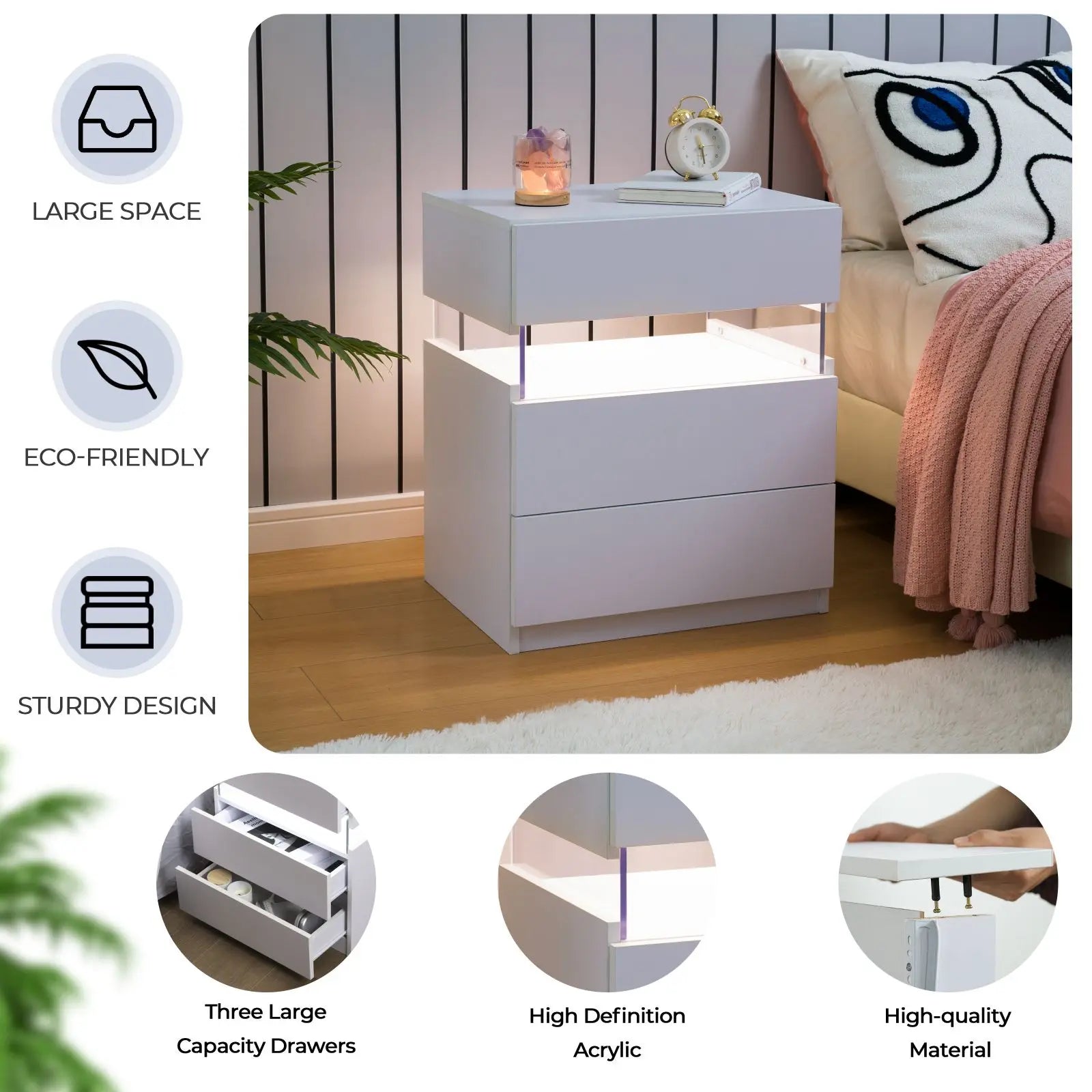 Bedside 2-Table Set with LED Lighting and 3 drawers