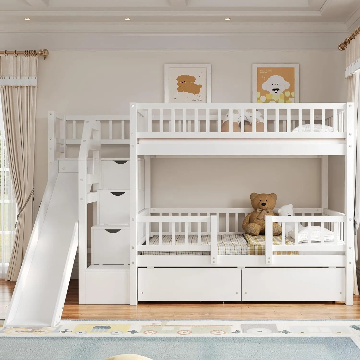 Twin Over Twin Bunk Bed with Slide, Storage Drawers & Staircase