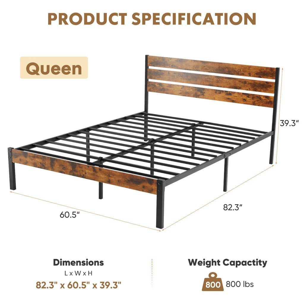 Wooden Headboard, Metal Platform Bed Frame