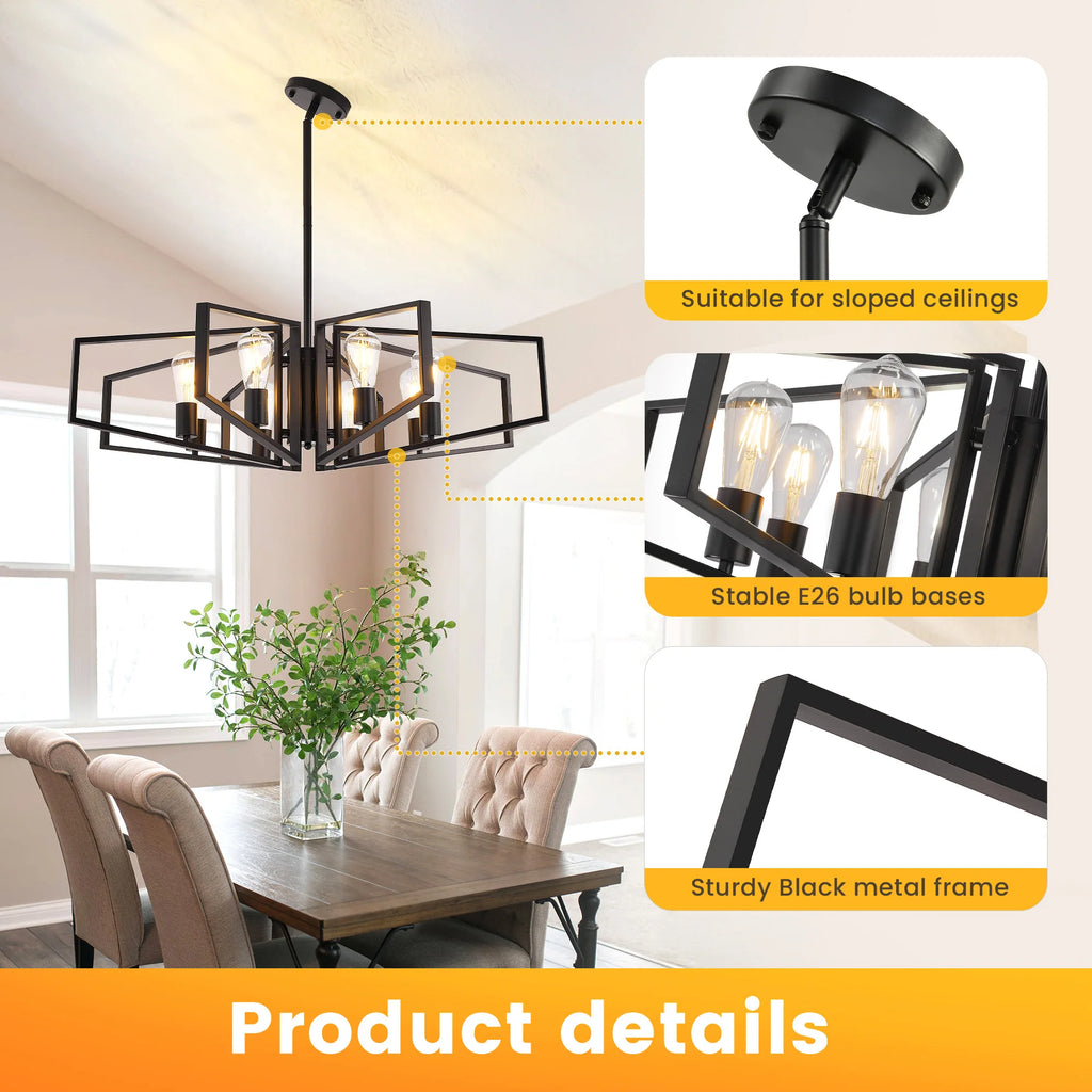 8-Light Geometric Chandelier Adjustable Height Metal Pendant