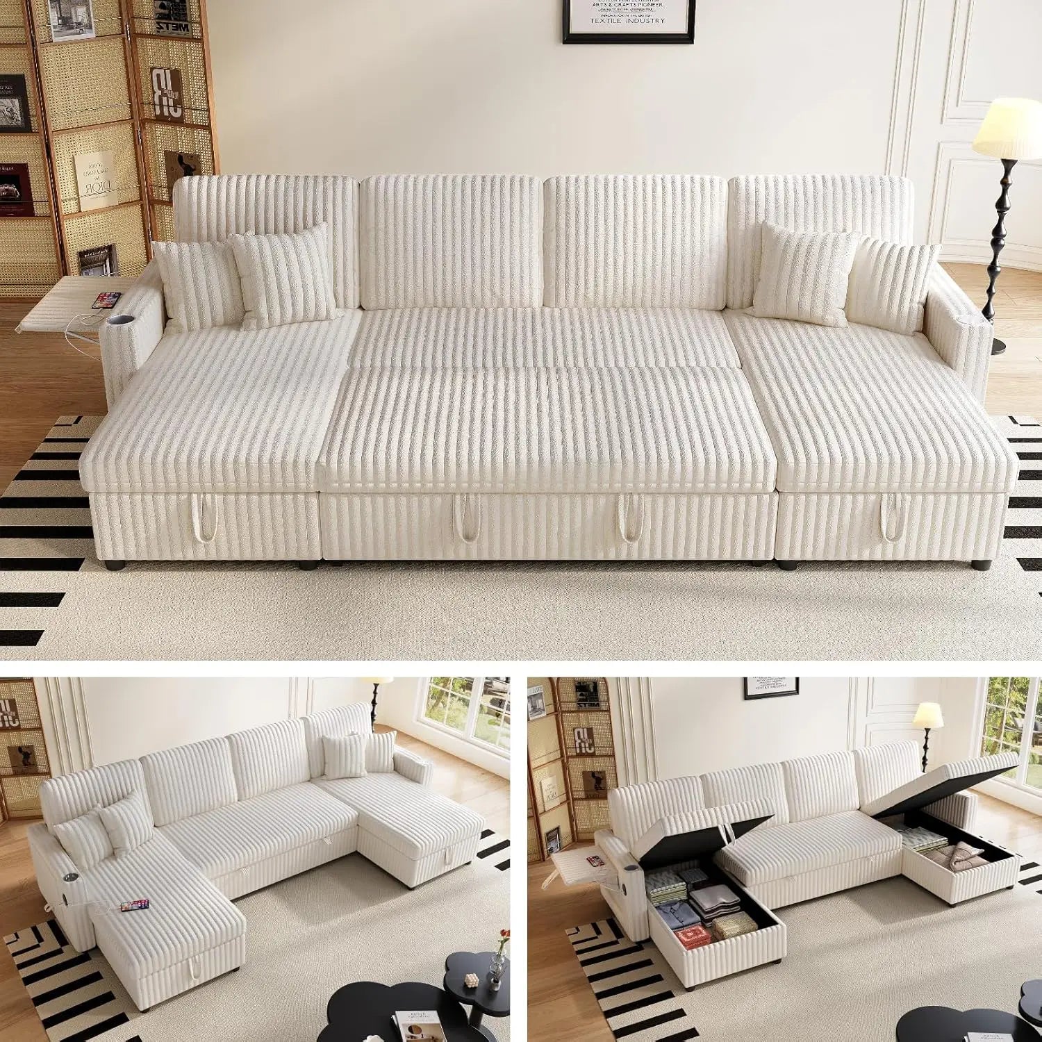Sectional Sofa Pull Out Bed, Storage Chaise USB