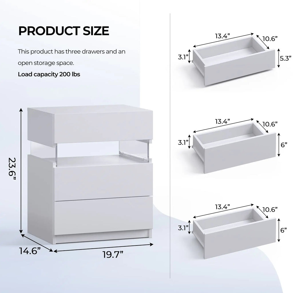 Bedside 2-Table Set with LED Lighting and 3 drawers