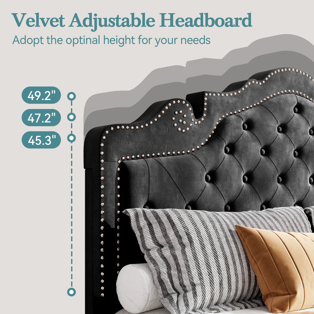 Bed Frame with Adjustable Velvet Tiara Headboard