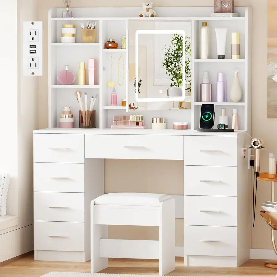 Vanity Desk with Mirror, Lights, power outlets