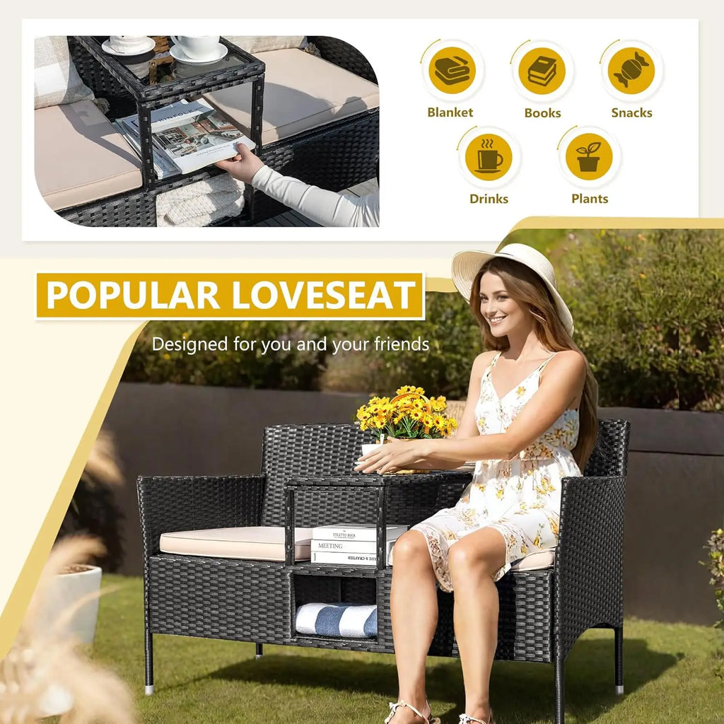 2-Seat Outdoor Patio Loveseat/Built-in Coffee Table